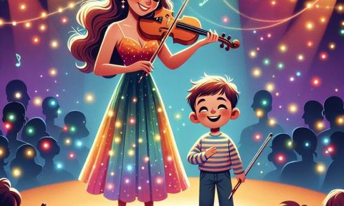 Uma mulher chamada Luisa, com longos cabelos castanhos ondulados e um sorriso caloroso, está no palco segurando um violino. Ela usa um vestido colorido e radiante, e seu rosto expressa alegria e paixão por cantar. Ao lado dela, um menino chamado Pedro, com cerca de 8 anos, cabelos curtos e olhos brilhantes de curiosidade, está no mesmo microfone, sorrindo com admiração. Ele veste uma camiseta listrada e jeans. O local é um pequeno clube de jazz, com luzes coloridas dançando nas paredes, mesas de madeira e cadeiras confortáveis, criando uma atmosfera calorosa e mágica. A cena é cercada por cortinas vermelhas, e o público, de todas as idades, aplaude entusiasticamente. A situação principal mostra Luisa e Pedro cantando juntos, compartilhando um momento de felicidade e música, enquanto o público os escuta com admiração, criando uma atmosfera de magia e alegria.