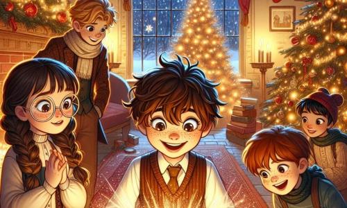 En una cálida sala de estar de un orfanato, cuatro niños se agrupan alrededor de un gran árbol de Navidad decorado con guirnaldas brillantes y bolas de colores. Lucas, un niño de diez años con el cabello castaño alborotado y ojos brillantes, sonríe entusiasmado mientras sostiene un libro mágico. A su lado, Ana, una niña de nueve años con largas trenzas rubias y gafas redondas, observa el libro con asombro. Pablo, un niño de diez años con cabello negro y pecas, se acerca con curiosidad, mientras que Martín, un niño de ocho años con cabello castaño y ojos traviesos, señala una página brillante del libro. La habitación está llena de luces suaves y decoraciones festivas, con copos de nieve visibles a través de la ventana, creando una atmósfera mágica y alegre. Un gran tapete rojo cubre el suelo y las medias de Navidad están colgadas en la chimenea. La escena principal muestra a los niños descubriendo el libro mágico que concede deseos, mientras destellos de luz dorada los rodean, simbolizando la magia de la Navidad que los une en un momento de felicidad y amistad.