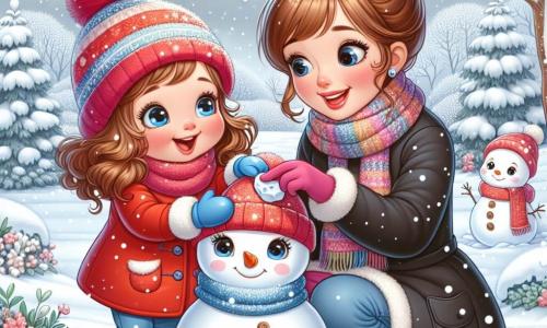 Una niña de 3 años, con grandes ojos azules y cabello rizado, lleva un abrigo rojo brillante, un gorro de lana y guantes azules. Ríe a carcajadas, con las mejillas sonrojadas por el frío, mientras construye un muñeco de nieve en un jardín nevado. A su lado, su madre, una mujer de unos 30 años con cabello castaño recogido en un moño y una sonrisa cálida, la ayuda a colocar piedras para los ojos del muñeco de nieve. Lleva un abrigo negro y una bufanda colorida, ligeramente encorvada, llena de cariño por su hija. El lugar es un jardín mágico, cubierto de una gruesa capa de nieve brillante bajo un cielo gris nublado, con árboles cargados de nieve y copos cayendo suavemente. La escena principal muestra a la niña y su madre divirtiéndose juntas, creando un muñeco de nieve, mientras un pequeño conejo blanco las observa curiosamente desde un arbusto, añadiendo un toque de magia a esta alegre escena invernal.