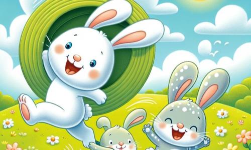 Um pequeno coelho branco com grandes orelhas, sorriso alegre e olhos brilhantes, usa um grande chapéu que quase cobre seus olhos. Ele salta entusiasticamente em um campo verdejante, cercado de flores coloridas. Ao lado dele, seu irmão, um coelho cinza com manchas brancas, tem uma expressão divertida e usa pequenos sapatos que escorregam na grama. Eles estão brincando juntos, rindo e se divertindo. O céu é azul com algumas nuvens brancas fofas, e o sol brilha, criando uma atmosfera alegre e luminosa. Os dois coelhinhos se divertem trocando suas roupas, o coelho branco tentando caminhar com o grande chapéu, enquanto o coelho cinza tenta manter o equilíbrio com os pequenos sapatos.