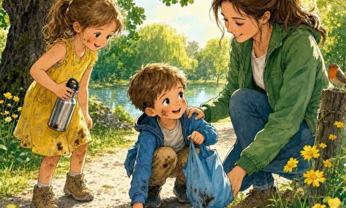 Menino de 4 anos, cabelos castanho-claro curtos, pele clara, sorriso curioso, segura um saquinho de tecido azul e apanha um papel do chão; está alegre e concentrado, rosto com pó de terra, joelhos dobrados, postura dinâmica. À direita, mãe de ~30 anos, cabelos longos em rabo de cavalo e jaqueta verde, pousa a mão no ombro do menino e sorri; à esquerda, menina de ~6 anos com vestido amarelo sujo, segura uma garrafa metálica, pronta para ajudar. Cena num parque ensolarado de chão gramado com um grande carvalho de folhas verdes, flores amarelas, pequeno lago brilhante, banco de madeira e caminho de cascalho claro; todos apanham lixo (papel e tampa plástica) junto ao caminho, com pássaros pousados e luz suave de fim de tarde. Estilo: tinta colorida, traços nítidos, aguadas suaves, cores vivas e texturas visíveis.