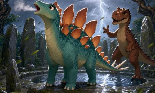A female stegosaurus named Sable with a gentle proud expression, bright round eyes, wide orange-pink dorsal plates, textured green-blue scales and spiked tail, standing upright on a stone and letting out a long cry with visible breath in the humid air; Flint, an adventurous male allosaurus with a confident smile and zigzag scar on his snout, reddish-brown scales, posed just behind Sable with one foot raised as if encouraging her; an ancient stone circle (Storm Gardens) of worn gray stones and green moss with a central echo basin reflecting silver flashes, twisted wind-bent trees and giant rain-swept ferns; dramatic yet welcoming storm atmosphere of low dark clouds, gusting wind with swirling leaves, distant lightning and visible raindrop streaks reflecting on wet stones; composition centered on Sable in the stone circle, Flint slightly behind to the right, the echo basin before them producing silver ripples and backlighting to emphasize the plates and breath.