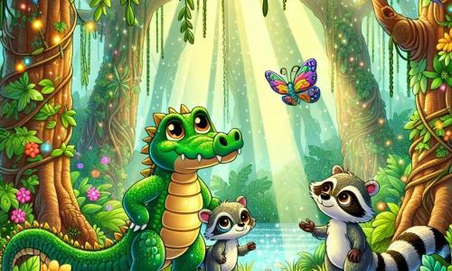 A crocodile named Clyde, with shimmering emerald and gold scales, stands at the edge of a sparkling river, his expression filled with determination and wonder. His large, bright eyes reflect the sunlight as he attentively observes the peacefully flowing water. Beside him, Rocco, a mischievous raccoon with gray and black fur, rummages through a pile of leaves, his face marked by curiosity. Nearby, Bella, a delicate butterfly with colorful wings, gracefully flits around Clyde, adding a touch of lightness to the scene. The setting is a lush jungle, with majestic trees, hanging vines, and vibrant flowers that add splashes of color to the environment. Sunlight filters through the dense foliage, creating patterns of light and shadow on the ground. The main situation shows Clyde, Rocco, and Bella united in their quest to save the river, with Clyde raising a paw to touch the sparkling water, symbolizing their determination to restore the magic of their beloved jungle.