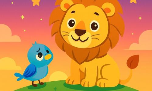 A majestic lion with a golden mane and bright eyes, displaying a gentle and friendly expression, stands on a green hill. Beside him, a small bird with vibrant blue feathers, looking sad yet hopeful, gazes at the lion with admiration. The sky is dotted with sparkling stars as the sun sets on the horizon, tinting the sky with shades of pink and gold. They are at the top of a hill, surrounded by a field of colorful flowers gently swaying in the wind. The main scene shows the lion and the bird sharing a moment of companionship, ready to sing together under the stars, symbolizing friendship and the magic of nature.