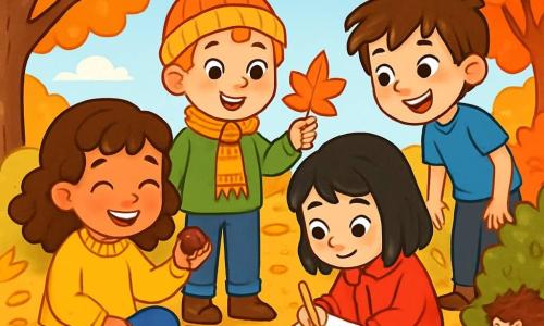 There are 4 children: Sophie, an 8-year-old girl with curly brown hair, wearing a bright yellow sweater and starry purple boots, sitting on a checkered blanket, smiling and holding a conker; Ben, a 9-year-old boy with red hair and freckles, wearing a wool hat and scarf, standing near Sophie holding a star-shaped leaf; Layla, a 7-year-old girl with straight black hair, wearing a bright red coat, crouched down drawing in her notebook surrounded by colorful leaves; and Alex, an 8-year-old boy with messy brown hair, wearing a blue t-shirt and muddy shoes, standing and watching a small hedgehog hiding in the bushes. The scene takes place in an autumn field with trees displaying golden, orange, and red leaves, a ground covered in crunchy leaves, and a bush in the background sheltering a curious hedgehog. The children are having a picnic on a colorful blanket, laughing and sharing snacks while observing the hedgehog timidly emerging from the bushes, creating a joyful and friendly atmosphere.