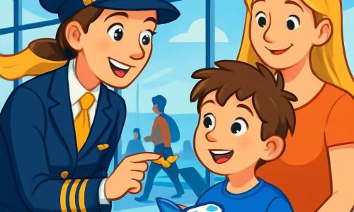 Captain Amelia Hartley, a female pilot, stands smiling in an elegant pilot outfit with a cap and a light scarf blowing in the wind. Her bright eyes express joy and enthusiasm as she bends slightly to talk to a young boy. The boy, Ben, around 7 years old, has messy brown hair and wears a blue t-shirt with an airplane design. He holds a small toy airplane, wide-eyed with fascination, standing next to his mother, a woman in her thirties with long blonde hair, who smiles proudly at her son. The scene takes place inside a busy airport, with large windows showing airplanes taking off against a light blue sky. Travelers pass by in the background, adding to the vibrant energy of the place. The main situation shows Captain Amelia sharing her passion for flying with Ben, explaining the wonders of flight while giving him a small airplane-shaped pin, symbolizing his dreams for the future.