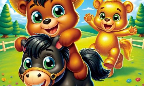 Um pequeno urso marrom, chamado Bruno, sorridente e animado, usa um pequeno chapéu de palha e está sentado em um cavalo negro brilhante. Ele tem olhos brilhantes de alegria e segura firmemente a crina do cavalo. Ao lado deles, outro urso, Leo, com pelagem dourada e um grande sorriso, os incentiva levantando os braços, pronto para correr. O cenário é um vasto campo verde, salpicado de flores coloridas e banhado por um suave sol. Ao longe, majestosas árvores se erguem sob um céu azul claro. A cena mostra Bruno e Leo prontos para uma corrida amigável, com expressões de determinação e felicidade, cercados por uma atmosfera alegre e divertida.