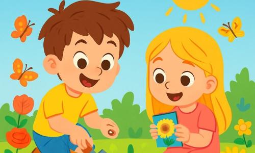 Um garoto de 6 anos, Lucas, com cabelos castanhos bagunçados e um grande sorriso encantado, está agachado em um jardim ensolarado, segurando uma pequena pá nas mãos. Ele veste uma camiseta amarela vibrante e um short azul, e seus olhos brilham de alegria enquanto planta uma semente de girassol na terra fértil. Ao seu lado, sua melhor amiga Clara, uma menina de 6 anos com cabelos longos e loiros, usa um vestido rosa e observa com entusiasmo, segurando uma pequena caixa de sementes coloridas. O jardim está cheio de flores vibrantes, como rosas vermelhas, margaridas brancas e girassóis amarelos, com borboletas voando ao redor. A cena acontece sob um céu azul claro, com algumas nuvens brancas fofas, e o sol brilha alegremente, iluminando o jardim verdejante. Lucas e Clara estão criando um jardim para atrair borboletas, mostrando seu compromisso em proteger a natureza com expressões de felicidade e determinação em seus rostos.