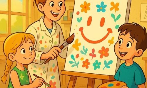 O femeie artistă de vreo patruzeci de ani, păr castaniu prins într-un coc lejer, bluza pătată de vopsea, zâmbitoare, ține o pensulă mare și arată o pânză pe care apare un mare zâmbet colorat; un băiat de circa 8 ani, păr castaniu scurt, tricou albastru, ține o paletă pătată și stă în dreapta artistei, puțin înainte; o fetiță de circa 7 ani, păr blond în două codițe, rochie verde cu flori, pictează cu o pensulă fină în colțul stâng al pânzei; atelier luminos cu ferestre mari care lasă să intre soarele, rafturi de lemn cu vopsele și pensule, podea cu pete de culoare; scena arată cum femeia îi învață pe copii să transforme greșelile în motive — pete de acuarelă devenind flori și păsări în jurul marelui zâmbet pictat; stil colorat, contururi moi, expresii calde și exagerate, paletă vie și lumină primitoare, compoziție centrată pe pânză și cei trei protagoniști în interacțiune.