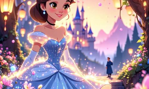 Cenerentola, una giovane con i capelli castani ondulati, indossa un abito scintillante dai toni pastello, illuminato da motivi floreali luminosi. Il suo volto esprime meraviglia e determinazione mentre si trova al centro di un giardino sospeso, circondata da piante lussureggianti e lanterne volanti. Accanto a lei, il Principe Léon, un giovane di circa 20 anni con capelli biondi e occhi brillanti, indossa un elegante costume dai colori vivaci. La guarda con ammirazione, tenendo in mano una scarpa, pronto a dichiararsi. Sullo sfondo, il giardino è popolato da grattacieli di vetro scintillante e droni colorati volano nel cielo, creando un'atmosfera magica e futuristica. La scena rappresenta Cenerentola e il Principe Léon mentre si scambiano sguardi pieni di speranza, simbolizzando l'inizio di un cambiamento nella loro città.