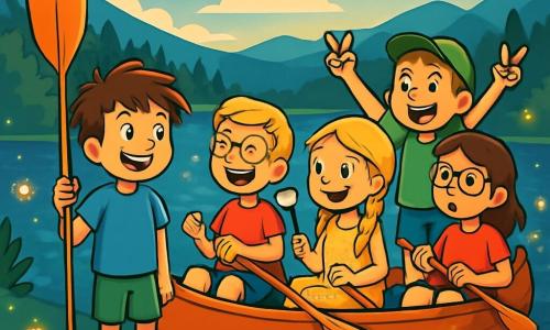 Es gibt 5 Kinder: Max, ein 10-jähriger Junge mit zerzausten braunen Haaren und funkelnden Augen, trägt ein blaues T-Shirt und grüne Shorts. Er steht lächelnd mit einem Paddel in einer Hand. Leo, ein 10-jähriger Junge mit blonden Haaren und Brille, sitzt in einem Kanu, lacht und schaut Max an. Sophie, ein 9-jähriges Mädchen mit langen, geflochtenen blonden Haaren, trägt ein Blumenkleid und sitzt am Rand des Kanus, während sie einen gerösteten Marshmallow hält. Ben, ein 11-jähriger Junge mit kastanienbraunen Haaren und einer Mütze, steht hinten im Kanu und macht mit seinen Armen ein Siegzeichen. Hanna, ein 10-jähriges Mädchen mit braunen Haaren und Brille, sitzt vorne im Kanu und beobachtet die Glühwürmchen, die um sie herumfliegen. Die Szene spielt an einem großen See, umgeben von grünen Wäldern und Bergen im Hintergrund. Der Himmel ist blau mit einigen weißen Wolken, und die Sonne scheint, was glitzernde Reflexionen auf dem Wasser erzeugt. Seerosen schwimmen auf der Oberfläche des Sees, und Vögel singen in den Bäumen. Die Hauptsituation zeigt die Kinder, die im Kanu lachen und sich vergnügen, während sie fröhlich über den See paddeln, umgeben von der Schönheit der Natur und den Glühwürmchen, die die Szene bei Dämmerung erleuchten.