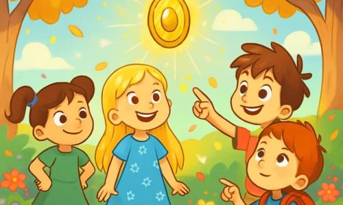 Es gibt 4 Kinder: - Mia: ein 8-jähriges Mädchen mit langen goldenen Haaren, die in der Sonne glänzen. Sie trägt ein blaues Blumenkleid und lächelt fröhlich. Sie steht in der Mitte und schaut mit Staunen auf das Amulett. - Tom: ein 7-jähriger Junge mit zerzausten braunen Haaren und einem breiten schelmischen Lächeln. Er trägt ein rotes T-Shirt und beiges Shorts. Er steht leicht vorn und zeigt mit dem Finger auf das glänzende Amulett. - Lina: ein 6-jähriges Mädchen mit funkelnden Augen und Zöpfen. Sie trägt ein grünes Kleid und Sandalen. Sie steht links von Mia, mit den Händen in die Hüften gestützt und zeigt einen entschlossenen Ausdruck. - Max: ein 9-jähriger Junge mit roten Haaren und einem großen roten Rucksack. Er trägt ein blaues T-Shirt und khakifarbene Shorts. Er steht rechts von Tom und schaut mit einem träumerischen Blick in den Himmel. Der Ort ist ein magischer Garten, gefüllt mit bunten Blumen, die in der Sonne funkeln. In der Mitte schimmert ein schwebendes Amulett, umgeben von goldenem Licht. Bäume mit silbernen Stämmen und goldenen Blättern bilden eine bezaubernde Kulisse, während ein sanfter Wind die Blütenblätter um die Kinder tanzen lässt. Die Hauptsituation zeigt die vier Freunde, die das Amulett der Hoffnung entdecken, fasziniert und vereint in ihrem Streben, bereit für ein unglaubliches Abenteuer.