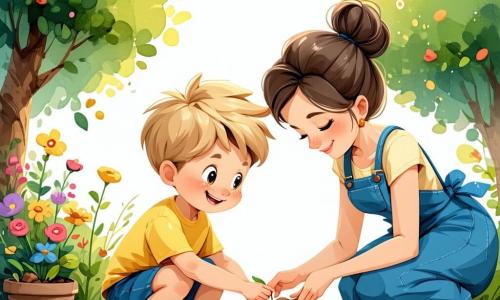 Een 4-jarig jongetje, genaamd Lukas, met rommelig blond haar en sprankelende ogen van blijdschap, zit in een mooi zonnige tuin. Hij draagt een felgeel t-shirt en een blauwe short, en hij glimlacht breed terwijl hij kleine bloembollen in de grond plant. Naast hem moedigt zijn moeder, een vrouw van ongeveer 30 jaar met bruin haar in een knot en een warme glimlach, hem aan terwijl ze een kleine schep vasthoudt. Ze draagt een bloemen t-shirt en lichte broek, en buigt zich iets naar Lukas om hem te helpen. De tuin is vol met stralend groen, met kleurrijke bloemen die beginnen te bloeien, zingende vogels in de bomen en een helderblauwe lucht met donzige witte wolken. De hoofdscène toont Lukas en zijn moeder die hun tuin voorbereiden voor de lente, omringd door tuingereedschap, en een vrolijke, levendige sfeer.