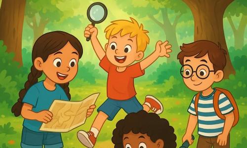 Es gibt 4 Kinder: - Lena: ein 8-jähriges Mädchen mit langen, geflochtenen braunen Haaren, das ein blaues T-Shirt und eine Jeansshorts trägt. Sie hält eine gefaltete Karte in den Händen und lächelt entschlossen. - Tom: ein 8-jähriger Junge mit zerzausten blonden Haaren, der ein rotes T-Shirt und Turnschuhe trägt. Er springt fröhlich und hält eine Lupe in einer Hand. - Amina: ein 8-jähriges Mädchen mit lockigen schwarzen Haaren, das ein grünes Blumenkleid trägt. Sie hockt und beobachtet neugierig Spuren auf dem Boden. - Ben: ein 8-jähriger Junge mit Brille und braunen Haaren, der ein gestreiftes T-Shirt und einen kleinen Rucksack trägt. Er steht und hält eine Taschenlampe, bereit zu erkunden. Der Ort ist ein verwunschener Wald mit großen, dicken Bäumen und leuchtend grünen Blättern. Sonnenstrahlen dringen durch das Blätterdach und beleuchten den moosbedeckten Boden mit bunten kleinen Blumen. In der Ferne steht eine majestätische alte Eiche, und ein schmaler Weg schlängelt sich zwischen den Büschen und lädt zu Abenteuern ein. Die Hauptsituation zeigt die Kinder versammelt um eine alte Eiche, die eine geheimnisvolle Karte untersuchen, die sie gefunden haben. Sie sind aufgeregt und neugierig, bereit, die Geheimnisse des Waldes zu entdecken. Ihre Gesichter strahlen vor Begeisterung und die Atmosphäre ist voller Magie und Abenteuer.