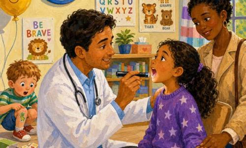 Een vriendelijke, glimlachende dokter in een licht gekreukte witte jas, met een lichtblauw hemd, een zilveren stethoscoop en een medische zaklamp, onderzoekt op rustige wijze de keel van Samira, een moedige maar bezorgde meisje van ongeveer 7 jaar in een paarse trui met sterren dat op een lichte houten onderzoeksstoel zit terwijl haar moeder van circa 35 jaar in een beige jasje haar hand vasthoudt en gerust glimlacht; op de achtergrond raapt een assistent omgegooide pleisters op en een ongeveer 4‑jarige jongen toont trots een dinosauruspleister op zijn knie. De lichte consultatiekamer heeft crèmekleurige muren, kleurrijke alfabet- en dierenposters, een grote ronde klok en een raam met gestreepte gordijnen; warme, zachte verlichting met lichte schaduwen en een pastelkleurig palet met levendige accenten. Stijl: zachte acrylschildering met zichtbare penseelstreken, dikke texturen en warme contouren, een veilige, kindvriendelijke sfeer.