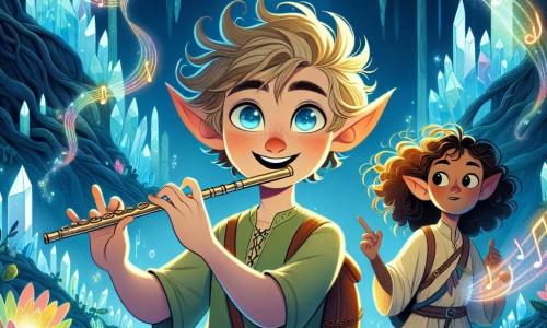 Un elfo de orejas puntiagudas, llamado Fynn, se encuentra alegremente en el centro de la escena, con cabello dorado ondeando al viento y ojos chispeantes de malicia. Toca la flauta, con una sonrisa radiante en su rostro, mientras notas musicales coloridas escapan de su instrumento, danzando en el aire. A su lado, una niña llamada Mira, de unos 10 años, con cabello rizado y castaño, lleva una túnica ligera y una mochila llena de aventuras. Ella mira a Fynn con asombro, sus ojos brillando de curiosidad y determinación. El escenario es una caverna mágica, iluminada por cristales fluorescentes que proyectan reflejos azules y verdes en las paredes. Flores luminiscentes y raíces de árboles retorcidas añaden un toque de misterio al entorno, mientras un lago cristalino se encuentra en el centro, reflejando la luz de los cristales. La situación principal muestra a Fynn y Mira preparando su próxima aventura, rodeados de criaturas fantásticas que los observan con benevolencia. La atmósfera está llena de una magia palpable, donde cada elemento parece vivo y listo para contar una historia.