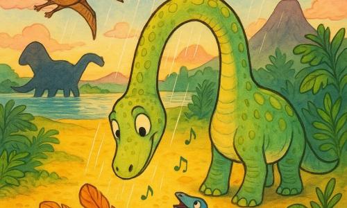 Un joven diplodocus grande y dócil, de cuello muy largo cubierto de escamas verde pálido salpicadas de amarillo, muestra expresión maravillada y curiosa mientras inclina la cabeza para tocar con el hocico tres plumas de piedra tibias sobre la arena; un pterosaurio delgado de plumaje marrón y ojos vivos gira en el cielo a la izquierda proyectando una sombra alargada; a la derecha, un pequeño dinosaurio colorido parecido a un hypsilophodon con reflejos azules y rosas canta entre los helechos mirando la luz; al fondo, la silueta oscura de un gran dinosaurio masivo cerca del río hace resaltar el chapoteo junto a sus patas; la escena transcurre en un valle amplio y luminoso de arena dorada, helechos altos, volcanes humeantes en el horizonte y nubes rosadas que filtran rayos de luz, mientras una lluvia de luz suave cae en finas líneas plateadas, las sombras adquieren tono esmeralda y la melodía parece vibrar en el aire.