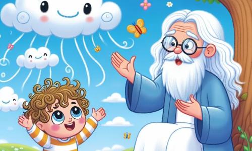Un bambino di 2 anni, Leo, con capelli ricci e occhi pieni di curiosità, è seduto sotto un grande albero con foglie verdi. Sorride con le braccia aperte, come se volesse afferrare le nuvole nel cielo blu. Accanto a lui, un vecchio saggio con una lunga barba bianca e occhiali rotondi, di circa 70 anni, sta in piedi. Indossa una veste semplice e sorride con benevolenza, indicando le nuvole nel cielo. Il luogo è un campo verde, pieno di fiori colorati, con un cielo sereno e nuvole bianche che danzano sopra di loro. La scena principale mostra Leo che ascolta attentamente il saggio, che gli spiega la bellezza dei pensieri e delle nuvole, mentre farfalle colorate volano intorno a loro, aggiungendo un tocco di magia a questo momento di scoperta.