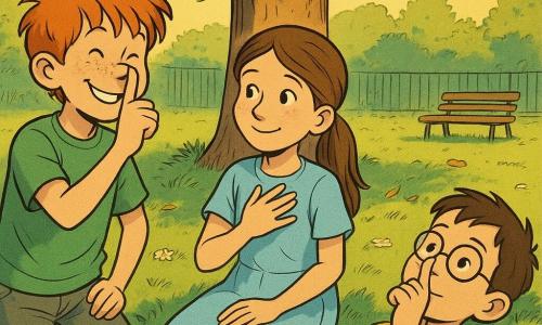 Ci sono tre bambini: Matteo, 9 anni, capelli rossi scompigliati e lentiggini, maglietta verde, a sinistra che sorride e fa il gesto del pollice sul naso guardando gli amici; Sara, 9 anni, capelli castani raccolti in coda, vestito azzurro, seduta al centro sull’erba con la mano sul cuore mentre racconta una storia con un lieve sorriso timido; Leo, 9 anni, capelli castani corti, occhiali tondi, polo gialla, sdraiato a destra che guarda il cielo e appoggia discretamente il pollice sul naso in segno di sostegno. Ambientazione: cortile di scuola in primavera sotto un grande noce, erba verde con piccoli fiori bianchi, foglie cadute, panchina e cancellata distante, luce calda del sole basso e ombre morbide dei rami. Situazione: momento tenero e complice tra amici, Sara racconta mentre Matteo e Leo le cedono la parola con un segnale segreto; atmosfera tranquilla, solidarietà, colori vivaci, linee pulite e contorni netti in stile fumetto franco-belga.