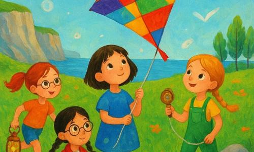 Quattro bambine di circa 5 anni: Lina, capelli castani a caschetto e occhi nocciola, al centro con un grande aquilone patchwork attaccato a una mappa; Maia, treccia bionda e salopette verde, tiene la bobina del filo a destra; Nora, capelli neri in due trecce e occhiali tondi, inginocchiata a sinistra stringe una bussola dorata; Sera, coda di cavallo rossa e scarpe da corsa, corre leggermente dietro a sinistra con una vecchia lanterna, in una radura sull’isola “Terra del Respiro” con erba alta verde smeraldo e fiori arancioni, rocce chiare, una scogliera striata e il mare verde zaffiro in lontananza; lanciano un aquilone artigianale nel vento leggero, la mappa al centro tremula, la bussola punta in alto, bolle argentate e piume fluttuano, luce mattutina calda e texture pittoriche acriliche visibili.
