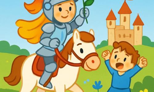 A knightess, Lady Rose, stands proudly on her large white horse, wearing shiny armor and a determined smile. Her long golden hair flows in the wind, and she holds a bright red rose in her hand. Beside her, a young boy of about 8, dressed in a blue tunic, encourages her with sparkling eyes of admiration. He stands on a small wall, raising his arms in a sign of victory. The setting is a vast green field dotted with colorful flowers, under a clear blue sky with fluffy white clouds. In the distance, a grand castle rises majestically, with fluttering flags. The main scene shows Lady Rose ready to face the challenge of the tournament, with the audience applauding and cheering, creating a joyful and dynamic atmosphere.