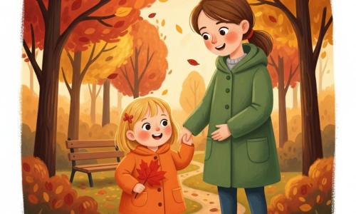 A joyful 2-year-old blond toddler in an orange coat and yellow boots holds a large red leaf and tucks it into her pocket while her mother, about 32 with tied brown hair in a green coat, stands slightly behind holding her hand and watching the leaf; they are in an autumn park of red, gold and brown foliage with a leaf-strewn path and a wooden bench under soft late-afternoon light, the child skipping on leaves and collecting them, warmed by a maternal embrace, rendered in warm colors with thick gouache textures, soft contours and rounded forms for a serene, welcoming atmosphere.