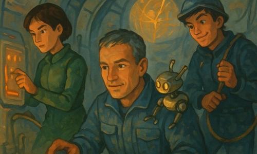 Leonardo Radecki, dorosły mężczyzna o skoncentrowanym, uśmiechniętym obliczu i szaroczarnych krótkich włosach, w niebieskoszarej roboczej kurtce pokrytej kosmicznym pyłem, klęczy na pierwszym planie i trzyma małą latarkę rzucającą ciepły stożek światła; po lewej Mira (ok. 32 lata), zdeterminowana, krótkie brązowe włosy, zielony kombinezon techniczny, pracuje przy oświetlonym panelu; po prawej Kamil (ok. 29 lat), z figlarnym lecz ostrożnym wyrazem, czarne włosy, lekko przekrzywiony kask, mocuje linę i patrzy na drona; na ramieniu Leonardo stoi mały dynamiczny dron-robot z szczotkowanego metalu wielkości kota, z cienkimi nogami i pulsującą złotą lampką na grzbiecie, emitujący mały błysk światła; scena rozgrywa się we wnętrzu dużego segmentu stacji kosmicznej z zakrzywionymi srebrnoszarymi ścianami, przewodami i resztkami przewodzącego żelu na podłodze, w tle widoczna jasna technologiczna sfera z pulsującymi złotymi filamentami; zespół rozbraja przytwierdzony do ściany cylindryczny generator energetyczny, atmosfera napięta lecz współpracująca, ciepłe reflektory kontrastują z chłodnymi odbiciami metalu, kompozycja skupiona na Leonardzie i dronie, faktura malarska przypominająca gwasz z szerokimi pociągnięciami pędzla i ziarnistą strukturą.