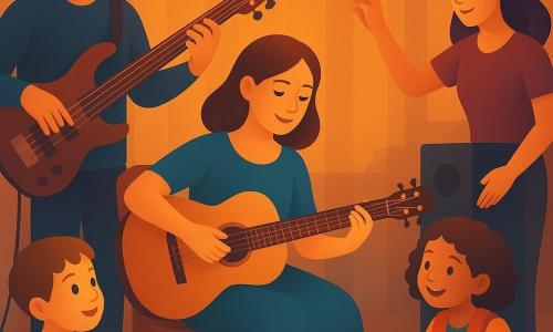 Eine etwa 30–40-jährige Musikerin mit mittellangen braunen Haaren und warmem Lächeln sitzt auf einem Stuhl und spielt konzentriert eine akustische Gitarre in einem petrolblauen, lichtfangenden Kleid; links leicht zurückversetzt steht Ben (40–50) mit kurzem Haar und leichter Bartstoppel und spielt einen großen E-Bass, daneben hockt Leni (10–12) mit lockigen Haaren und buntem Gilet an einer kleinen Drumbox und drückt lächelnd einen Knopf für ein „tss-tss“, am Bühnenrand Sima (25–35) mit violettem Strähnchen hebt die Hand, um den Sound zu regeln, und vorne rechts sitzt ein etwa 7–8-jähriger Junge mit arm in einer bunten Schiene, staunend, die Hand an einem kleinen Lautsprecher, um die Vibrationen zu spüren; Schauplatz: warme Nachbarschaftssaal mit hellen Holzwänden, Lichterketten, bunten Bodenkissen, Reihenstühlen und hinten einem Tisch mit Kuchen und dampfender Teekanne; Szene: intimes Konzert mit goldener, weicher Beleuchtung, freundlicher Atmosphäre, Musiker schaffen eine Klangdecke aus klarer Gitarre, vibrierendem Bass und spritzigem Rhythmus, Publikum hört respektvoll zu; visueller Stil: kräftige, aber gedämpfte Farben, weiche Schatten, glatte Gradient-Texturen, klare Linien und runde Formen, tröstliche und inklusive Stimmung.