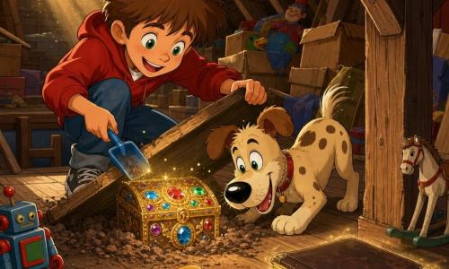 An 8-year-old joyful boy with messy brown hair and bright green eyes crouches and lifts a dusty wooden plank with a small plastic trowel as his excited beige-spotted dog Pickles noses a sparkling jeweled treasure box; an old leather-bound journal lies open on a pile of toys in a warm attic with oak beams, golden dust in sunbeams, scattered toys and an open trapdoor; the jeweled box hidden under the plank sparkles, casting multicolored light on their astonished faces; visual style: saturated colors, crisp expressive outlines, soft-rendered wood and dust textures, magical yet familiar atmosphere.