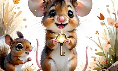 Miko, een avontuurlijke kleine muis met een bruin vacht en grote nieuwsgierige ogen, staat in het midden van de afbeelding met een verwonderde glimlach op haar gezicht, terwijl ze een glanzende sleutel in haar kleine pootjes vasthoudt. Naast haar springt Benny, een eekhoorn met een pluizige staart en sprankelende ogen van opwinding, blij met zijn armen omhoog, klaar om het mysterie van de sleutel te ontdekken. De achtergrond is een oud spookhuis, met stenen muren bedekt met klimop, stoffige ramen en een massieve houten deur die langzaam opent en een gouden, mysterieuze gloed laat ontsnappen. Spinrag schittert in de hoeken en schaduwen dansen op de muren, wat een zowel magische als licht angstaanjagende sfeer creëert. Miko en Benny staan voor de deur van het huis, klaar om een magische wereld binnen te gaan, met fonkelende sterren boven hen en een voelbare sfeer van avontuur en mysterie.