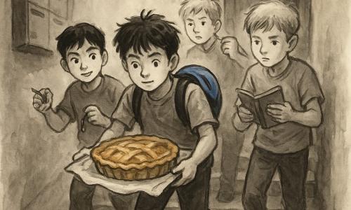 Quatro rapazes de 11 anos: Tomás, cabelos castanhos despenteados, capacete azul nas costas, segura no centro a bandeja com a tarte de maçã; Rui, cabelos pretos, olhar matreiro, segura um guizo e um elástico à esquerda de Tomás; Léo, castanho-claro, concentrado, caderno e caneta à direita de Tomás; Nuno, loiro e nervoso, ligeiramente atrás com o cotovelo levantado. Num corredor estreito de prédio com paredes amareladas, azulejos antigos e caixas de correio de um lado, porta numerada ao fundo; lâmpadas pendentes criam manchas de luz quente e um cartaz gasto “CLUBE DOS RECORDES” na porta da cave. Os quatro sobem uma escada em silêncio, em perfeita sincronização, transportando uma tarte de maçã inteira sobre uma bandeja estabilizada por uma t-shirt e elásticos; a tarte é brilhante e dourada. No patamar, um gato observa a tarte e um ouriço‑cacheiro se esconde perto de um saco de lixo. Estilo sumi-e: contrastes de tinta preta, lavados cinzentos e toques suaves de cor na tarte (dourado) e no capacete azul.