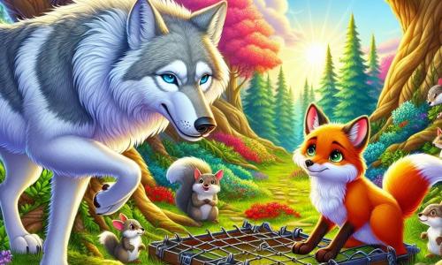 Um lobo majestoso chamado Luno, com um pelo prateado brilhando ao sol, expressa uma determinação corajosa em seu rosto. Seus olhos brilhantes estão cheios de compaixão enquanto se aproxima de uma armadura de metal, pronto para libertar uma raposa. Ao seu lado, uma pequena raposa chamada Fifi, com um pelo vermelho vivo e olhos cintilantes de gratidão, se debate suavemente na armadura, olhando para Luno com esperança. Ao redor deles, vários esquilos pequenos de caudas fofas e cores vivas se apressam em reunir gravetos para criar um plano de resgate, com rostos mostrando uma excitação palpável. A cena se passa em uma clareira encantadora da Floresta das Cores, onde flores vibrantes de cores vermelha, amarela e roxa bordam o chão, e grandes árvores de troncos retorcidos se erguem majestosas em direção ao céu azul. No centro desta cena, Luno se mantém firme, pronto para agir, enquanto Fifi, presa mas cheia de esperança, aguarda sua ajuda ansiosamente.