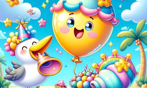 Pino, un palloncino giallo sorridente, galleggia al centro dell'immagine con un grande cappello di carta colorato. I suoi occhi brillano di eccitazione mentre tiene un vassoio pieno di deliziosi caramelle colorate. A destra, la conchiglia parlante, dai colori pastello e con un volto amichevole, canta una melodia gioiosa, i suoi occhi brillano di felicità. A sinistra, Guido, un gabbiano con piume bianche e grigie, vola nel cielo blu, tenendo un cesto pieno di stelle marine di zucchero, con un sorriso caloroso. La scena si svolge su un'isola soleggiata, circondata da sabbia dorata e palme verdi, con un oceano blu scintillante sullo sfondo. Pesci colorati saltano gioiosamente fuori dall'acqua, aggiungendo all'atmosfera festosa. La situazione principale mostra Pino e i suoi amici che celebrano il suo compleanno, circondati da decorazioni colorate, in un'atmosfera di gioia e amicizia, pronti a gustare le dolci e a ballare insieme sotto il sole.