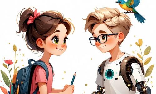 O fetiță de 10 ani, Maria, cu părul ondulat și brunet, având ochi verzi strălucitori de entuziasm, stă în centrul imaginii, zâmbitoare și plină de energie, ținând în mâini un carnet de desen. În dreapta ei, Andrei, un băiat de 10 ani cu părul scurt și blond, purtând ochelari și un tricou cu modele de roboți, observă cu curiozitate o rândunică așezată pe o ramură, zâmbind. În stânga, Sofia, o fetiță de 10 ani cu părul negru și drept, purtând ochelari și o rochie de culoare închisă, privește cu uimire un grup de păsări în cer, având un zâmbet ușor pe buze. Decorul se desfășoară într-un parc verde, scăldat în lumina aurie a soarelui de primăvară, cu copaci înfloriți, păsări cântând și flori colorate care împânzesc solul. În fundal, se zărește un cer albastru deschis presărat cu nori albi pufoși. Situația principală arată cum Maria, Andrei și Sofia observă și desenează păsări, împărtășind pasiunea lor pentru natură și celebrând prietenia, ilustrând astfel tema toleranței și acceptării diferențelor.