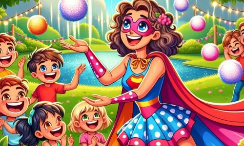 Super-Susana, una mujer heroica con cabello rizado y una gran sonrisa, lleva un traje colorido con una capa flotante. Está haciendo malabares con pelotas de peluche que vuelan a su alrededor, su rostro irradia alegría y diversión. A su lado, un grupo de niños de 6 a 10 años ríe y aplaude. Un niño rubio con una camiseta roja señala una pelota que se eleva. Una niña de cabello castaño, con un vestido de lunares, intenta atrapar una pelota con una gran sonrisa. La escena transcurre en un parque soleado, lleno de vegetación, con árboles de hojas brillantes y un lago resplandeciente al fondo. Flores coloridas bordean el camino y las risas de los niños resuenan en el aire. Super-Susana crea un espectáculo cómico con pelotas de peluche volando, mientras los niños se divierten y se maravillan ante sus talentos de superheroína.