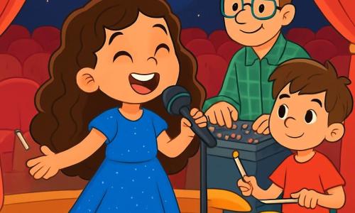 A young singer, Lila, stands at the center of a wooden stage, with long curly hair, wearing a sparkling blue dress. She has a radiant smile and sparkling eyes, singing passionately. Next to her, a boy named Tom, about 10 years old, plays the drums with white sticks, his messy brown hair and a red t-shirt. He looks at Lila with admiration. A bit further back, a man named Mr. Ben, in his forties, wearing glasses and a checked shirt, adjusts the sound on a large mixing table, focused and smiling. The venue is a large concert hall, with red velvet walls and a starry ceiling, illuminated by soft lights that twinkle like stars. The empty velvet seats create a peaceful and magical atmosphere. The main scene shows Lila singing enthusiastically, while Tom plays an upbeat rhythm and Mr. Ben adjusts the sound settings, all united in a moment of joyful and harmonious music.