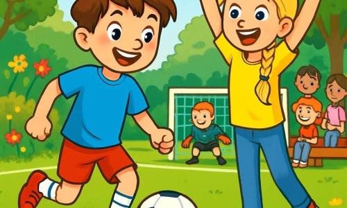 Een 8-jarig jongetje met tous haar en een stralende glimlach dribbelt een voetbal op een groen veld. Hij draagt een felblauw shirt en een rode short, zijn ogen stralen van opwinding en vastberadenheid. Naast hem moedigt zijn 10-jarige zus Lotte, met lange gevlochten blonde haren, hem aan door haar armen omhoog te steken, gekleed in een gele t-shirt en een spijkerbroek. Ze staat aan de zijlijn, omringd door andere kinderen die met bewondering kijken. De locatie is een zonnig voetbalveld, omgeven door groene bomen en kleurrijke bloemen, met toeschouwers die op houten banken zitten. De hoofdactie toont Tim in volle actie, klaar om te schieten, terwijl de tegenstander zich voorbereidt om te stoppen, wat een sfeer van spanning en opwinding creëert.