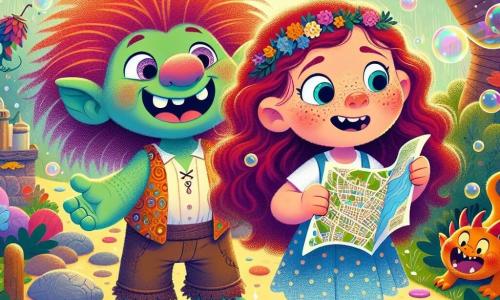 Un troll prietenos numit Trolly, cu piele verde și ochi rotunzi și strălucitori, zâmbește vesel în timp ce ține o mare hartă a orașului. Are părul în dezordine și poartă o vestă colorată, arătându-și entuziasmul de a-și ajuta prietenii. Lângă el, Lila, o fetiță de 8 ani cu păr roșu aprins și pistrui, privește cu uimire harta, ochii ei strălucind de curiozitate. Poartă o rochie albastră cu buline și sandale, stând ușor în față, pregătită să exploreze. În fundal, Smaug, un dragon miniatural cu solzi aurii, bate din aripi cu entuziasm, gata să zboare. Scena se desfășoară într-un parc fermecat, plin de flori colorate care par să cânte, cu copaci cu trunchiuri răsucite și frunze strălucitoare sub soare. Bulele de săpun plutesc în aer, adăugând o notă de magie atmosferei. Situația principală îi arată pe Trolly, Lila și Smaug planificând o mare aventură împreună, înconjurați de frumusețea parcului, ilustrând prietenia și bucuria de a descoperi lumea împreună.