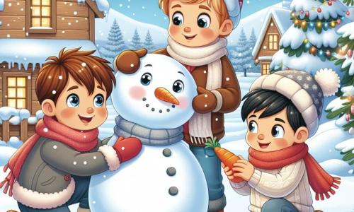 Tres amigos se reúnen en un paisaje invernal. Tomás, un niño de 8 años con cabello castaño y ojos brillantes, está haciendo una gran bola de nieve. A su lado, Lucas, un niño de 7 años con cabello rubio y mejillas sonrosadas, sonríe sosteniendo una pequeña bola de nieve en sus manos. Finalmente, Mateo, un niño de 6 años con cabello negro y una bufanda roja, se inclina para poner una zanahoria en la cara del muñeco de nieve que acaban de crear. Están construyendo un muñeco de nieve alegre, dándole vida con una zanahoria para la nariz y piedras para los ojos, mientras ríen y se divierten juntos en la nieve brillante.