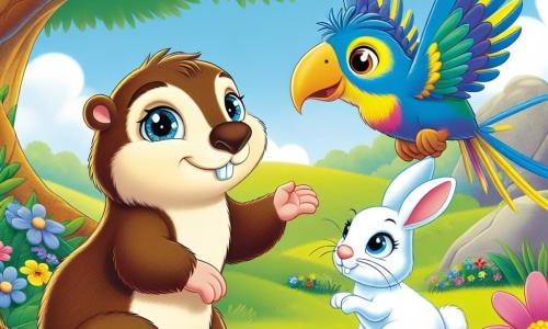 Uma marmota chamada Mica, com pelagem macia e marrom, olhos brilhantes de curiosidade e um sorriso alegre, está empoleirada em uma rocha, estendendo a pata em direção a um Sabiá com penas brilhantes de azul e amarelo, preso nos galhos de uma grande árvore. O Coelho Rápido, um pequeno coelho de orelhas grandes e pelagem branca, está ao lado de Mica, pronto para pular e ajudar seu amigo, com uma expressão determinada no rosto. Ao fundo, um campo verdejante salpicado de flores coloridas se estende até onde a vista alcança, sob um céu azul claro com nuvens brancas e fofas. A cena mostra Mica e o Coelho unidos em sua missão heroica, enquanto o Sabiá observa com esperança, pronto para voar assim que for libertado.