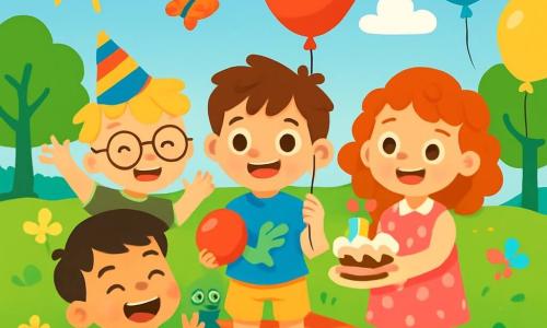 There are 4 children: - Benjy: A 6-year-old boy with messy brown hair and sparkling eyes. He wears a blue t-shirt with a dinosaur design and yellow shorts. He is in the center, smiling, holding a red balloon. - Max: A 7-year-old boy with blonde hair and round glasses. He wears a colorful party hat and a green t-shirt. He is to the left of Benjy, making a joyful gesture with his arms raised. - Teddy: A 6-year-old girl with curly hair and a pink polka dot dress. She has a big smile and holds a small birthday cake decorated with candles. She is to the right of Benjy, ready to blow out the candles. - Ollie: A 5-year-old boy with black hair and an orange t-shirt. He has a small backpack and shows a frog-shaped toy. He is sitting on the grass, just in front of Benjy, laughing heartily. The setting is a large sunny park filled with colorful flowers, green trees, and well-kept grass. In the distance, children can be seen playing and butterflies fluttering in the air. The main scene shows Benjy surrounded by his friends, all ready to celebrate his birthday. They are laughing and having fun, with floating balloons and a birthday cake on a checkered blanket. The atmosphere is joyful and festive, full of bright colors and radiant smiles.