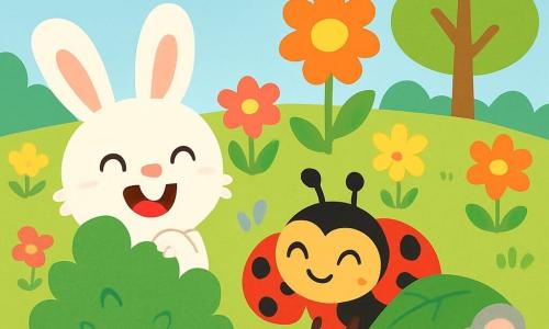Un coniglietto di nome Bobo, con orecchie lunghe e un pelliccia bianca e soffice, ride nascondendo il suo naso rosa dietro un cespuglio verde. Accanto a lui, Lella la coccinella, con le sue ali rosse a pois neri, sorride allegramente dietro un grande fiore colorato. Tito il topolino, un piccolo topo grigio con grandi occhi scintillanti, si nasconde sotto una foglia, ridendo dolcemente. Sullo sfondo, un bel prato soleggiato è pieno di fiori multicolori, alberi verdi e un cielo blu splendente. La scena mostra Bobo e i suoi amici che giocano a nascondino, con un'atmosfera gioiosa e piena di risate.