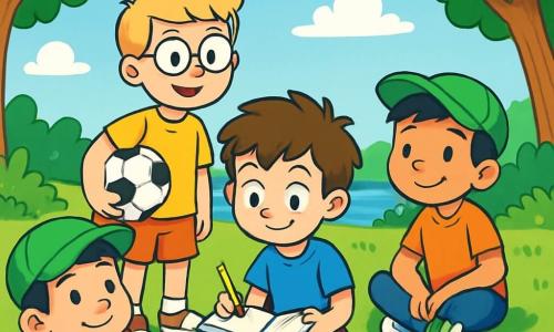 Hay 4 personajes: - Lucas: Un niño de 10 años, con cabello castaño desordenado y ojos brillantes. Lleva una camiseta azul y un pantalón corto rojo, y está sentado en la hierba, con un cuaderno abierto en las rodillas, escribiendo. - Álvaro: Un niño de 10 años, con cabello rubio y gafas redondas. Está de pie al lado de Lucas, sonriendo, con un balón de fútbol bajo el brazo. - Diego: Un niño de 10 años, con cabello negro y una gorra verde. Está sentado en la hierba con las piernas cruzadas, mirando a Lucas atentamente, con las manos sobre las rodillas. - Mateo: Un niño de 10 años, con cabello castaño y una camiseta a rayas. Está acostado de espaldas, con los brazos detrás de la cabeza, soñando mientras mira las nubes. El lugar es un parque verde, con grandes árboles de hojas brillantes, un cielo azul claro salpicado de algunas nubes blancas y esponjosas. La hierba es de un verde intenso, y flores coloridas añaden toques de amarillo, rojo y violeta alrededor de los niños. A lo lejos, se ve un pequeño lago que brilla bajo el sol. La situación principal de la historia muestra a Lucas, rodeado de sus amigos, escribiendo en su cuaderno. Todos están allí para apoyarlo, compartiendo sonrisas y risas, creando un momento de amistad y consuelo en un entorno pacífico y alegre.
