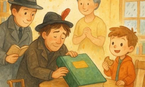 Un detective de rostro amable y concentrado, abrigo gris, cuaderno abierto en una mano y un pequeño carro de madera en la otra, sonríe con empatía mientras coloca un gran libro verde sobre una mesa; a su izquierda, Bruno, cuenta cuentos adulto con pelo castaño despeinado, sombrero negro con una pluma roja, expresión avergonzada pero aliviada, arrodillado ayudando a poner el libro; a la derecha, Leo, niño de 5 años con mechón levantado y chaqueta naranja, sostiene una galleta medio comida, asombrado y orgulloso; detrás de la mesa, la bibliotecaria señora Clara, cabello gris recogido en moño, vestido amarillo pálido y manos juntas, mirada benigna y tranquila. Interior de una pequeña biblioteca cálida: paredes amarillas, estanterías de madera con libros coloridos, mesa redonda de madera clara, alfombra con motivos, ventana con lluvia fina y campanilla en la puerta; sobre la mesa el “Libro Grande” verde con una hoja dorada brillante en la cubierta. Escena de devolución del libro, atmósfera calmada, luz suave y pequeñas salpicaduras acuareladas que subrayan compasión, alivio y solidaridad; estilo acuarela infantil, trazos delicados, colores pastel saturados y textura de papel visible, composición centrada en el libro y los rostros.