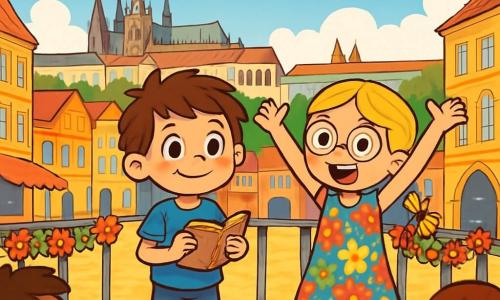 Hay 2 personajes principales: - Matías: un niño de 9 años, con cabello castaño despeinado y ojos brillantes de curiosidad. Lleva una camiseta azul y un pantalón corto de mezclilla. Se encuentra en el centro, con una sonrisa tímida en el rostro, sosteniendo un pequeño cuaderno en sus manos. - Clara: una niña de 9 años, con cabello rubio trenzado y gafas redondas. Lleva un vestido colorido con motivos de flores. Está al lado de Matías, con los brazos levantados en señal de ánimo y una gran sonrisa en su rostro. La situación principal tiene lugar en la hermosa ciudad de Praga, con sus calles empedradas brillando bajo el sol. Al fondo, se ve el majestuoso Castillo de Praga que domina la ciudad, rodeado de edificios antiguos con fachadas coloridas y adornadas con esculturas. El cielo es de un azul brillante, salpicado de nubes blancas esponjosas. La escena principal muestra a Matías y Clara en un escenario improvisado, listos para contar una historia ante una multitud entusiasta. Los niños están rodeados de decoraciones festivas, con farolillos de colores y guirnaldas de flores, mientras que los rostros de los espectadores brillan de emoción y expectativa.