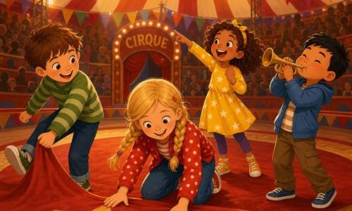 Vier kinderen: een meisje ~8 jaar met blonde vlecht en rood-witte gestipte jas knielt in het midden van het circustapijt en strijkt het lachend; een jongen ~9 jaar met kort kastanjebruin haar en groen gestreepte trui links van haar duwt het tapijtrand met zijn voet en lacht; een meisje ~7 jaar met krullend bruin haar en gele jurk met sterren staat achter de gevlochten-haarmeisje en wijst naar de artiesten; een jongen ~8 jaar met zwart stekeltjeshaar en blauwe jas rechts van de groep houdt een kleine metalen trompet en doet fanfaregeluid. In een grote circustent: ronde vloer met rood-oranje tapijt en gouden rand, gebogen houten tribunes met vage silhouetten, grote touwen en lampen aan het wit-rode tentdoek, kleurige vlaggetjes. Hoofdsituatie: de vier kinderen strijken vrolijk het tapijt in het centrum van de piste voor de voorstelling; warme schijnwerpers, zachte schaduwen, feestelijke sfeer en levendige kleuren.