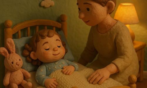 Bambina di 2 anni, calma e sorridente, guanciotta, capelli castani ricci, nasino a patata, in pigiama azzurro chiaro a stelline, sdraiata nel suo lettino con una mano sulla pancia, occhi socchiusi e lieve sorriso; madre circa 30 anni dal viso dolce, capelli raccolti a chignon, in abito beige comodo, seduta sul bordo destro del letto con la mano vicino a quella della bambina, sguardo protettivo e postura inclinata; pupazzo coniglio rosa un po' consumato a sinistra; camera con lettino in legno chiaro a sbarre, coperta crema lavorata, parete verde pastello, mobile di nuvole sospeso, lampada da comodino in ceramica con luce ambrata e tappeto rotondo beige; scena della nanna tranquilla, luce soffusa, atmosfera intima e rassicurante con leggere impronte e tracce di dita nella pasta da modellare e ombre morbide.