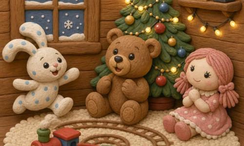 Un piccolo orso di peluche marrone chiaro dagli occhi neri lucidi e sorriso ricamato, un coniglietto di stoffa bianco a macchie blu dalle orecchie morbide, un trenino di legno rosso e verde che gira su una pista a spirale davanti a loro, e una bambola di pezza rosa pallido seduta con le mani giunte; la scena è in una stanza calda con pareti di legno, finestra ghiacciata con neve fuori, tappeto crema e lucine gialle intorno a un piccolo albero decorato con palline colorate e stella dorata, atmosfera natalizia intima e illuminazione calda.
