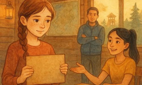 Niña de 12 años de rostro dulce con pecas y trenza castaña, tímida pero orgullosa, de pie inclinada hacia adelante con gestos tranquilos sosteniendo un pequeño cartel de cartón; su amiga Lila (12), con coleta negra y sonrisa alentadora, sentada detrás en la mesa a la derecha, extiende la mano como diciendo «tú puedes»; Nora (~14), adolescente rubia de pelo corto, está a la izquierda sosteniendo ahora el cartel con aire cómplice y protector; un animador adulto (~35), con pelo corto y chaqueta polar, al fondo junto a una pizarra, brazos cruzados y sonrisa leve; lugar: gran sala refugio de madera con paredes cálidas, mesa rústica, ventana abierta con luz dorada de tarde y vista a pinos y mirador, sobre la mesa mapas, brújulas y tazas; situación: presentación del cartel del grupo en ambiente íntimo y sereno con niños atentos, sillas redondas, piedras y lámparas amarillas que crean sombras suaves; paleta y estilo: acuarela suave en tonos cálidos de madera, verdes de bosque, ocres y azul pálido, lavados difuminados, trazos delicados y texturas granuladas, expresiones claras y composición centrada en la niña de 12 años.