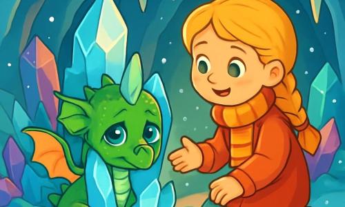 Ein kleiner Drache namens Glimm mit schimmernden grünen Schuppen und traurigen Augen versteckt sich hinter einem großen Eiskristall. Er hat zarte, durchsichtige Flügel, die im Licht funkeln. Neben ihm kniet ein 8-jähriges Mädchen, Lina, mit geflochtenem, goldenen Haar, das einen warmen roten Mantel und einen gestreiften Schal trägt. Sie lächelt freundlich und streckt ihm eine freundliche Hand entgegen. Die Szenerie ist eine magische Höhle, gefüllt mit glitzernden Kristallen, die lebendige Farben an die Eiswände reflektieren. Stalaktiten hängen von der Decke, und ein sanftes goldenes Licht filtert durch die Ritzen und schafft eine warme Atmosphäre trotz der Kälte. Lina versucht, Glimm zu trösten, der traurig und verloren wirkt, während draußen sanft Schneeflocken fallen und diesem zarten Moment einen Hauch von Magie verleihen.